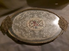 Petit Point Embroidery Lace Brass Dressing Table Tray Oval Filigree 