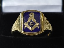 Vintage 9ct Gold Masonic Blue Enamel Swivel Ring Size V 1/2 Heavy 6.98 grams