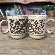 2 Vintage Mugs Brown Beige Stacking Cups Ceramic Retro 1970's Floral Camper Van