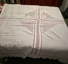 Vintage Linen Tablecloth White Drawn Thread Work 78" x 79" Lace Trim