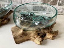 Molten Glass Fruit Bowl on Gamal Root Drift Wood Base Rustic Pot Pourri Nut Dish