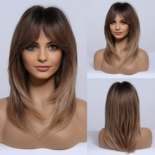 HAIRCUBE Long Brown Wigs Women Layered Synthetic Hair Wig Fringe Ombre Blonde 