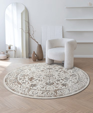 Oriental Vintage Rug Short Pile Carpet Living Room Cream Round