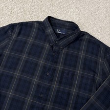 Fred Perry Check Shirt Mens 2XL XXL Navy Blue Tartan Long Sleeve Mod 60s Cotton