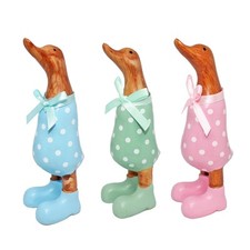 Polka Dot Duck Ornament 15cm Figurine in Wellies Wood Effect - Choose Colour