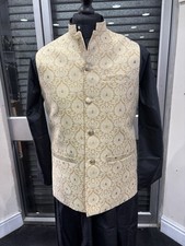Mens gents Wedding party Waistcoat Nehru jacket Banarsi Gold Indian Pakistan