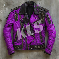 Men's Punk Studded purple Leather Jacket-Gothic Biker Motorcycle Coat with Spike