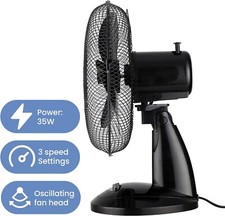 Quality 12" Desk Top Fan BLACK Oscillating 3 Speed Cooling Air Home Office Bed