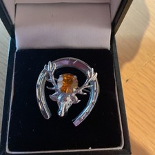 SCOTTISH MIZPAN STAG HEAD BROOCH WITH AMBER CITRENE STONE