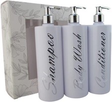 SET OF 3 White 500ml Empty Bottles With Shampoo Body Wash Conditioner Stickers