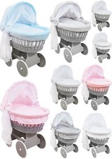 Grey Wicker Hooded Wheels Crib/baby Moses Basket + Complete Bedding