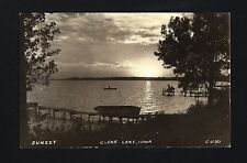 Clear Lake Iowa IA 1944 RPPC Sunset on Lake, Fishing from Dock, Wooden Row Boat