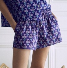 Zara PJ shorts XL purple floral print drawstring Poppy Print Cotton, Raw Hem