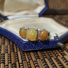 925 Sterling Silver Ring, Genuine Opal Trilogy Ring, Size N.5 US 7, Multicolour