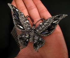 1 PC LARGE BLACK GREY CRYSTAL BUTTERFLY HAIR COMB SLIDE - BRIDAL WEDDING EVENING