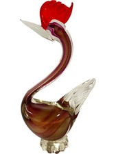 Murano Style Glass Bird Ornament Red and Gold Decorative Art Piece 10ins Tall