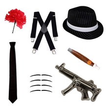 Gangster Fancy Dress Costume Set. Unisex Ft. Hat Cigar Gun Braces + More (Black)