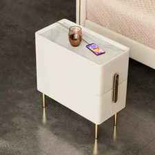 Beige Nightstand Bedside Stone Top Table with 2 Drawers in Gold Legs