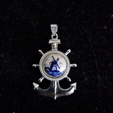 VINTAGE WEST GERMANY SILVER TONED ANCHOR & BOAT WHEEL, PORCELAIN CENTRE PENDANT
