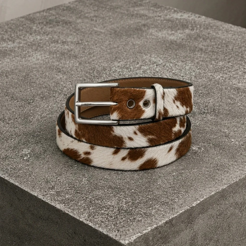 Brown white cowhide belt - white,