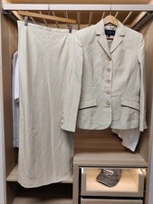 PAUL COSTELLOE DRESSAGE SKIRT SUIT UK 12-14 BEIGE LINEN SILK FITTED JACKET SKIRT