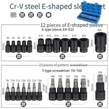 25 Piece Bit and Socket Set with E Type Female and T Type Star Sockets