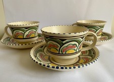 Honiton Pottery Tea  Cup And Saucers X 3 Eastern Scroll Vintage Hand Painted Vgc