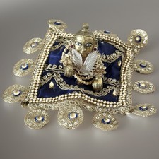 Laddu Gopal Krishna Solid Brass Statues in Handmade Poshak Blue Gold 8.5cm 3.3”