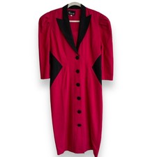 Vintage 80s Pink Black Cloth Button Collar V Neck Boxy Oversize Dress Sz Medium