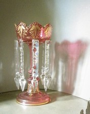 Late 19th Century Gilt Hand Painted Cranberry Glass Mantel Lustre / Centrepiece.