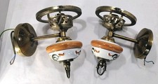 Pair vintage electric brass ? & ceramic wall light lamp floral Damaged See Desc