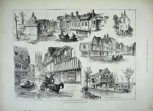 Old antique print - 1882, floods