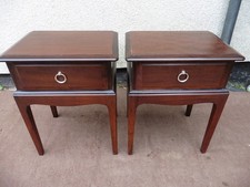 PAIR STAG MINSTREL MAHOGANY BEDSIDE TABLES, CABINETS, SINGLE DRAWER, LEGGY MODEL