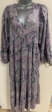 MANGO  Purple Paisley Puff Sleeve Pleated Crossed V-Neck Midi Dress Size L UK 12