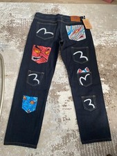 Evisu Mens Denim Jeans - Large Demon Pockets Logo - Size 34 - New