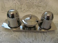 Winton Laurain Stainless Steel Empire Cruet Set Salt Pepper Mustard Spoon Tray 
