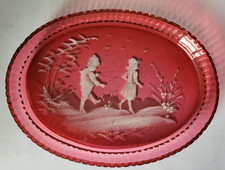 VINTAGE CRANBERRY GLASS DRESSING TABLE TRAY   - MARY GREGORY STYLE DECORATION