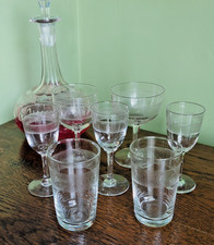 COLLECTION of 7 ANTIQUE EDWARDIAN GLASSES ~ HANDMADE ETCHED SPIRAL DESIGN C1900