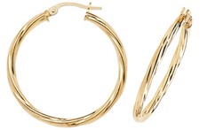 9CT YELLOW GOLD HOOP EARRINGS - TWISTED DESIGN - 25MM DIAMETER - SOLID 9CT GOLD