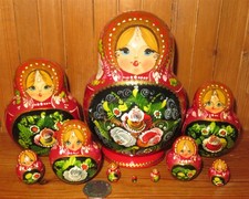 Flowers Matryoshka RED BLACK Russian Kokoshnik Babushka nesting dolls 10 signed
