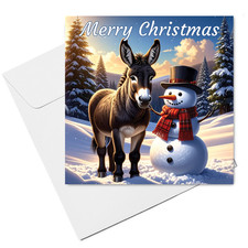 Donkey Christmas Card  (15cm x 15cm) With Envelope, Donkey & Snowman