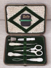 Antique Sewing Etui, Necessaire. Mother of Pearl Scissors. Leather Needle Case.