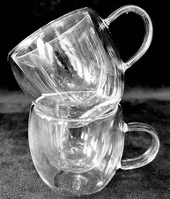 Double Walled Insulated Small Glass Coffee Mugs/Cups 2.5” Tall - Set of 2 -