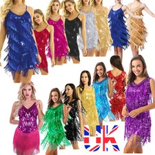 Women Sequin Salsa Latin Dance Tassel Fringe Flapper Samba Dress Tango Costume 