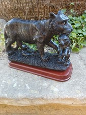 Tiger Carrying Her Cub Ornament, On Wooden Base.