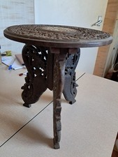 Vintage Hand Carved Round Carved Wooden Table with Floral Inlay.