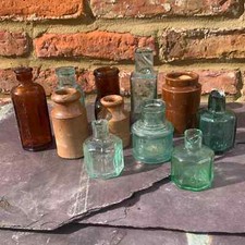 11 x Old Fashioned Ink Bottles Ink Well Vintage Glass Stoneware Pots