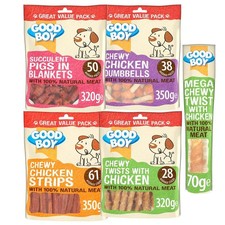 Good Boy Dog Treats, Chicken Strips, Twists, Dumbells, Pigs In Blanket