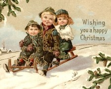 Wishing you a happy Christmas postcard snow children sleigh Dresden gilt antique