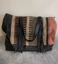 Zara Large Jute, Wool and Brown Leather Zip Top Tassel Tote Bag Ex Cond